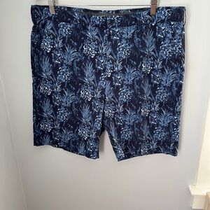 Blue and Black Flat Front‎ Shorts with Artistic Print